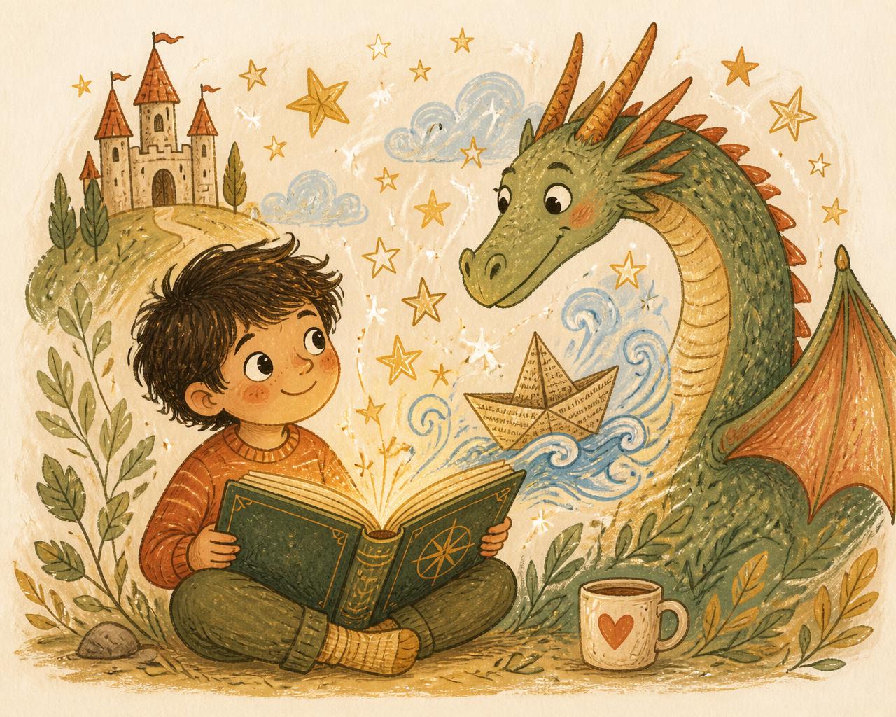 A child reading a glowing storybook beside a friendly dragon